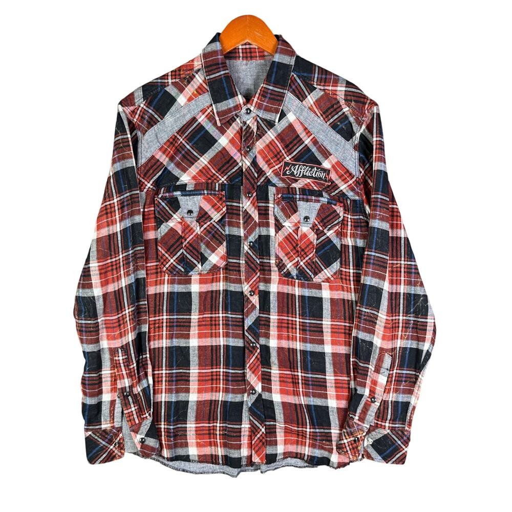 Affliction Red and Black Plaid Casual Button Down Shirt